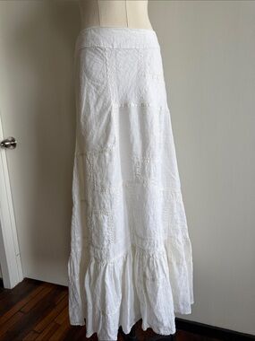 White Maxi Tiered Cotton Patchwork Boho Skirt